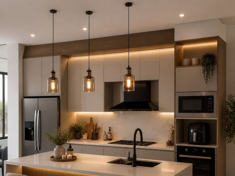 Đèn thả giúp không gian bàn ăn thêm phần nổi bật