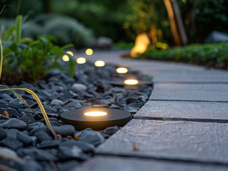 Đèn âm đất sân vườn thường được lắp dọc lối đi, gốc cây, chân tường