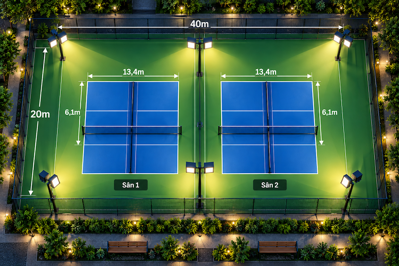 Bố trí đèn cho 2 sân Pickleball liền kề