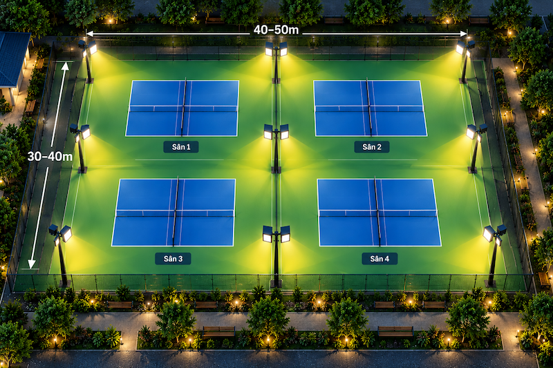 Bố trí đèn cho cụm 3 - 4 sân Pickleball